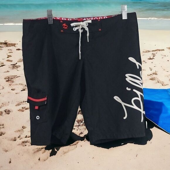 Billabong Black Boardshorts Red Trim Surfer Girl Sport Spellout Swim Shorts - Picture 3 of 10
